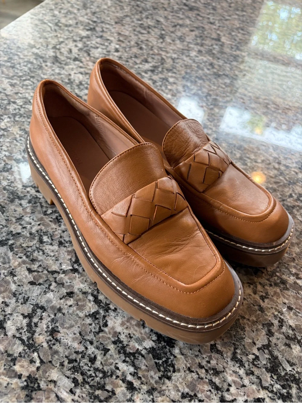 Nordstrom Tan Leather Woven-Detail Platform Loafers